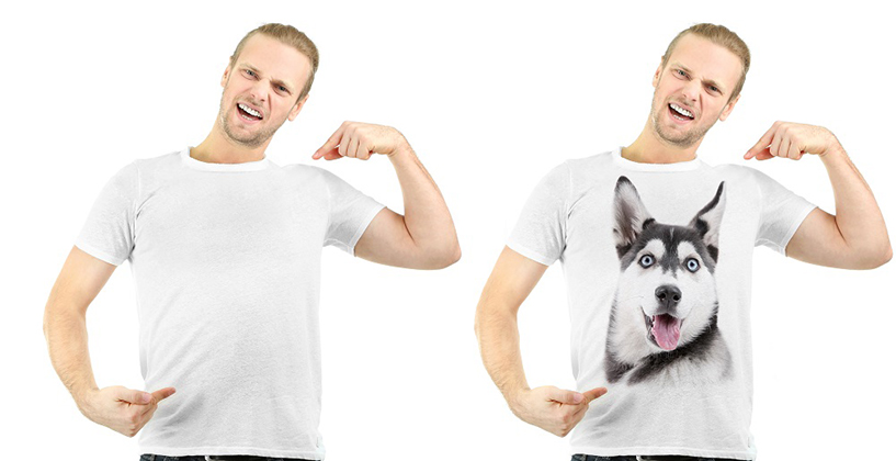 犬のフォトTシャツを着る男性